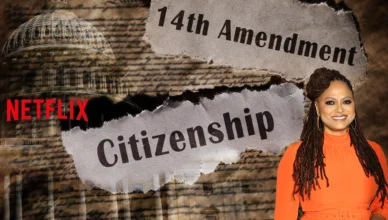 Citizenship and 14th Amendment newspaper headlines over the US Constitution, with an image of Ava Duvernay and Netflix logo. (Credit: Shutterstock and Netflix)