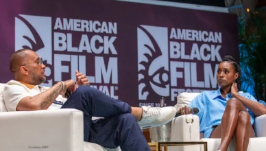 Kenya Barris and Issa Rae speak at ABFF. (Credit: Aaron J. Thornton for ABFF)