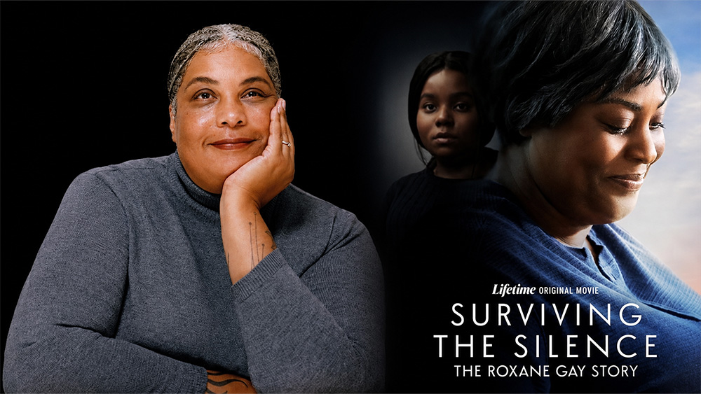 Roxane Gay and poster for Lifetime Movie Surviving the Silence: The Roxane Gay Story. (Credit: roxanegay.com and Lifetime).