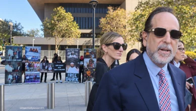 A composite image of criminal defense attorney Drew Findling and Lil Durk supporters outside federal court in Los Angeles on Thursday, September 10, 2026. (Credit: Anita Bennett/Urban Hollywood 411)